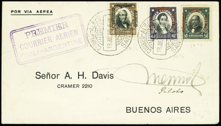 Chili PA 15 à 17 obl grand CAD "Correo aereo Santiago (18.7.29)" sur lettre pour Buenos Aires avec cachet rect violet "Premier courrier aérien Chili Argentine" et signature de Mermoz. RR et (Muller n°22 Chili). RR et TB