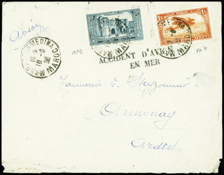 Maroc n°119 + PA7 obl Marrakech - Médina (10.9.29) sur lettre pour Annonay avec griffe noire "Accident d'avion en mer" (accident piloté par Goret le 12.9.29) (Nierinck n°290912). TB