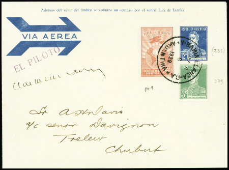 Argentine n°279 + PA1 obl Bahia Blanca (1 nov 1929) sur env entier postal du n°283 : vol Bahia - Blanca Trelew (M70 Argentine - 30 plis existants) avec signature de Saint Exupéry. RRR et TB