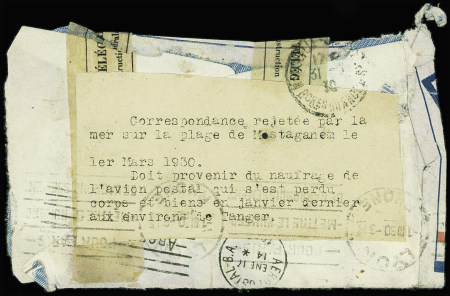 Lettre de Buenos Aires pour Lyon (timbres décollés par immersion avec étiquette ronéotypée "Correspondance rejetée par la mer sur la place de Mostaganem le 1er mars 1930 - doit provenir de l'avion postal qui s'est perdu 