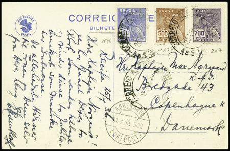 Brésil n°176 + 177 + 208 obl Recife (25.7.36) sur carte postale en couleurs Air France - Brasil avec erreur "Centenario da Travessia do Atlantico sul" au lieu de "Centesima travessia". TB