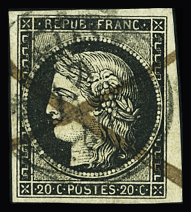 Càd T15 7 janv 49 et plume sur n°3 20c noir, SUP. Signé