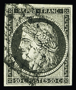 N°3c 20c gris-noir obl. grille, TTB. Certificat Calves