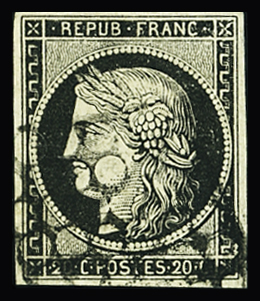 Rarissime grille de Chateauroux sur n°3 20c noir, TTB.