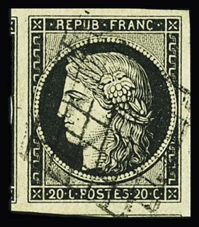 N°3 20c noir : un exemplaire bdf et un avec deux voisins,