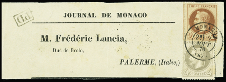 France N°26 2c rouge-brun +27 4c gris obl. càd Monaco