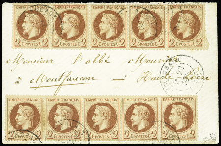 N°26B 2c rouge-brun, deux bandes de cinq obl. càd Yssingeaux