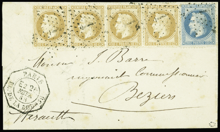 N°28A en bande de 4 +N°29A (pd) obl. étoile 1 sur lettre