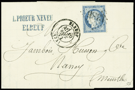 N°37 20c bleu obl. GC 1386 sur lettre non taxée d'Elboeuf