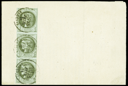 Bande de trois du N°39C 1c olive Report 3 obl. càd