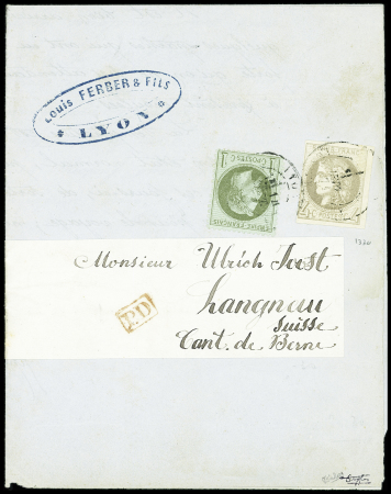 N°41B + 25 obl. càd Lyon 1871, Rhône, sur imprimé sous