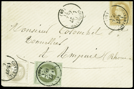 N°41B + 25 +28A (replié au verso) obl. càd Condrieu