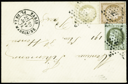 N°50+52+58 1c vert-olive +4c gris + 10c brun obl. étoile 3 sur enveloppe locale de Paris