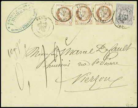 N°51 (x3) +66 sur lettre 2 ports de Paris 1876 avec