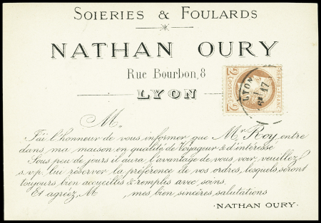 N°51 2c rouge-brun obl. càd Lyon seul sur carton publicitaire