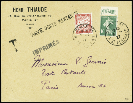 N°188A Minéraline obl. càd Paris 1927 sur enveloppe