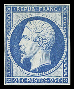 N°10 25c bleu, réimpression de 1862, neuf GNO, TB.