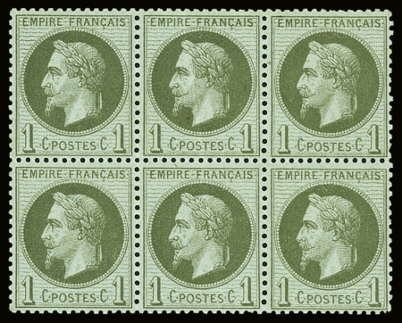 N°25 1c vert bronze, bloc de 6, neuf *, TB. Signé Calves