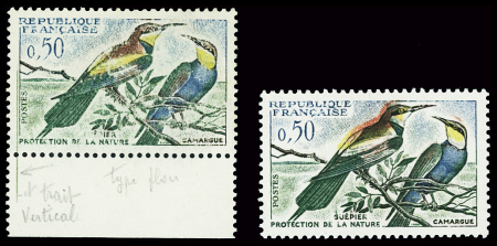 N°1276 50c Guêpiers, 2 variétés, couleurs rouges et