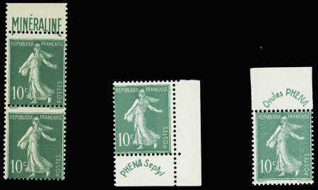 N°188/188A/B 10c vert, 2 exemplaires avec band pub
