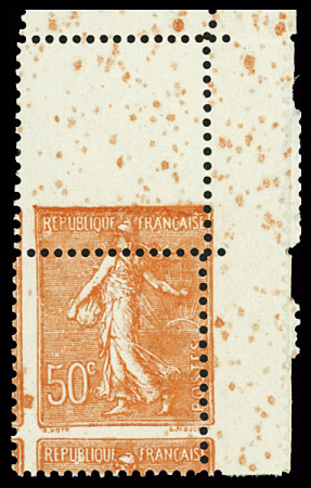 N°199t 50c rouge, variété spectaculaire piquage à cheval,