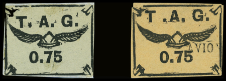 POSTE AERIENNE N°3 et 4 75c noir s. saumon obl. TB.