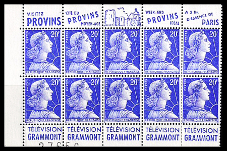N°1011Bd Type II bloc de 10 avec publicité "Provin