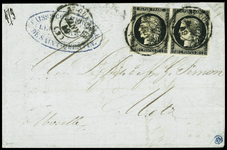 N°3 en paire obl CAD T15 "St Quentin (2)" (9 janv 1849) sur lettre pour Metz. Est joint un n°3 obl T15 "Bordeaux (32)" (7 janv 49) sur petit fragment. TB