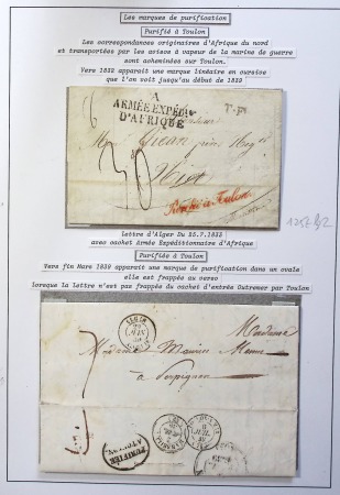 2 lettres : MP "A Armée EXPEDre d'Afrique" + cursive rouge "Purifié à Toulon" (Alger 1833) et T15 "Alger Algérie" (1839) + cachet ovale noir