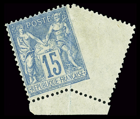 N°90 15c bleu, variété piquage à cheval oblique par