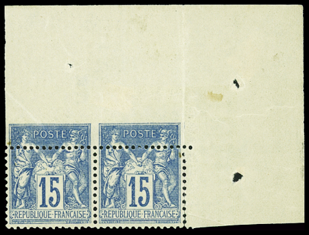 N°90 15c bleu, variété piquage à cheval en paire, neuf