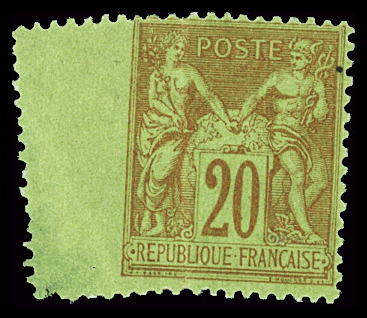 N°96 20c brique s. vert, variété piquage à cheval oblique