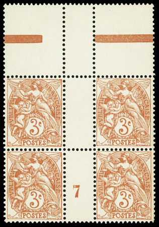N°109g 3c rouge, millésime 7 dans bloc de 4 interpanneau