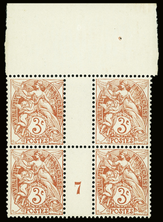 N°109g 3c rouge, millésime 7 dans bloc de 4 interpanneau
