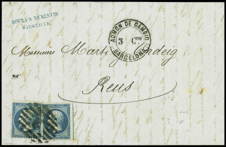 N°22 20c bleu x2 , sur lettre avec GC espagnol + "admon