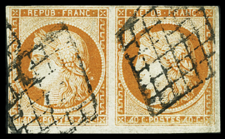 N°5e variété 4 retouchés en paire avec normal, obl.