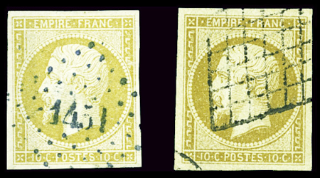 N°13A 10c bistre Type I, un obl. grille et l'autre