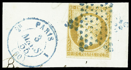 N°13A 10c bistre Type I, obl. étoile bleue + CaD Type