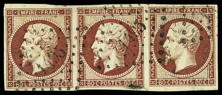 N°17A 80c carmin en bande de 3, obl. PC 1495 du Havre