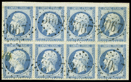 N°22 20c bleu en bloc de 8 sur fragment, obl. GC 3067