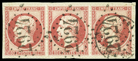 N°24 80c rose en bande de trois sur fragment, obl.