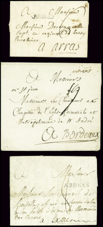 3 Lettres, l'une avec marque manuscrite "Ardres" 1767,