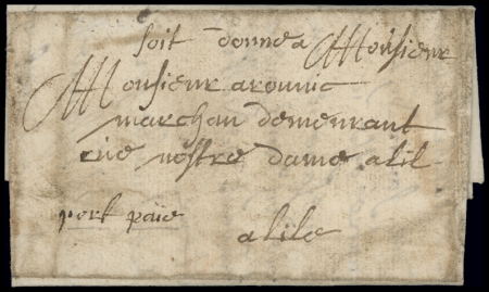 Lettre expédiée d'Arras par messager, port paie, 1670,