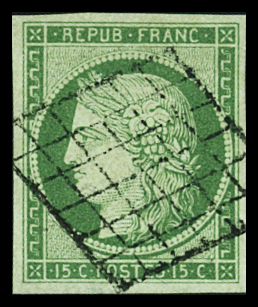 N°2 15c vert avec belle oblitération grille propre,