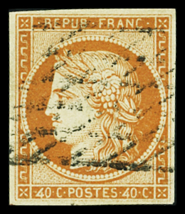 N°5d 40c orange, variété 4 retouchés, obl. grille sans