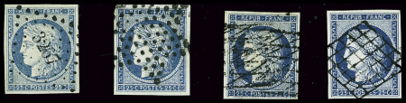 N°4 25c bleu : 4 exemplaires choisis avec obl. grille,