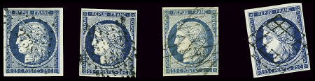 N°4 25c bleu : 4 exemplaires choisis avec obl. grille,