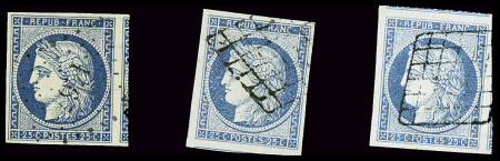 N°4 25c bleu, trois exemplaires tous avec voisins,