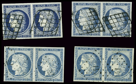 4 nuances en paires : N°4 25c bleu, 4a bleu foncé,