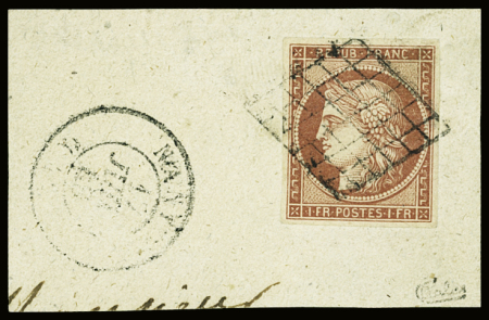 N°6A 1f rouge-brun, obl. grille propre sur fragment,